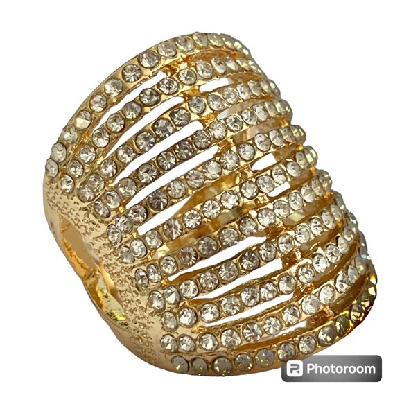Deco Dome Cubic Zirconia Cocktail Ring Yellow Gold Plated Size 7 8 9 Statement - Picture 15 of 16
